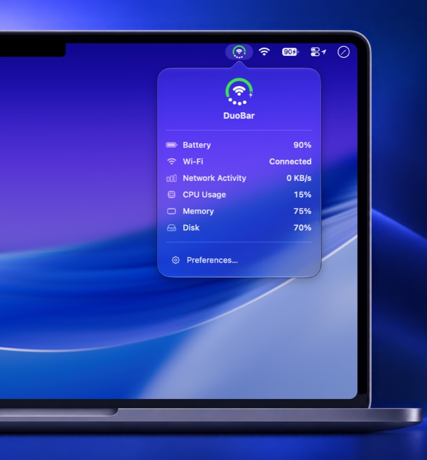 DuoBar open in the macOS menu bar, showing battery, Wi-Fi, network activity, CPU, memory and disk