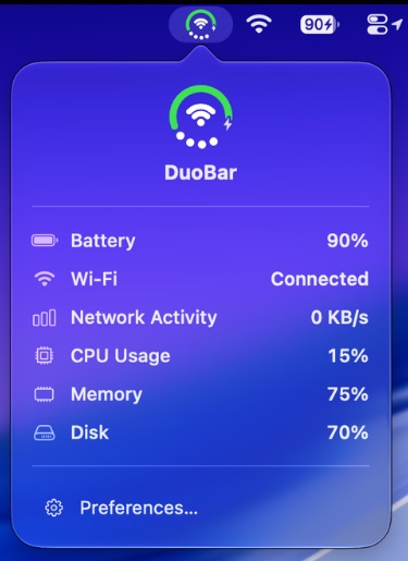 The DuoBar panel showing battery, Wi-Fi, network activity, CPU, memory and disk together